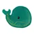 Jouet en forme de baleine, tissu vert avec broderies jaunes et œil noir visible. Aucun texte ou marque apparente.