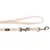 Beige Hundeleine mit Metallkarabiner und schwarzem Logoaufnäher. Verstellbare Länge, robustes Material.