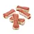 Five bone-shaped treats with a red top layer and beige base, arranged on a white background. Shows product shape and appearance for purchase decisions.