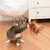 Chat tigré jouant avec un jouet suspendu à plumes marron sur sol en bois, devant une commode blanche et une lampe design blanche.
