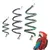 Colourful spiral rope toys with bells, in various sizes. Parrot shown next to the toys.