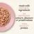 Text: made with natural ingredients, no artificial colours, flavours or preservatives, high quality protein. Image shows shredded food on a pink plate.