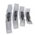 Four grey disposable nappies with zigzag pattern in various sizes, elastic cuffs and visible absorbent inner layer.