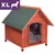 Extra large wooden outdoor pet house with green roof and plastic flap door, shown in full view. XL size indicated in top left corner. Extra large wooden outdoor pet house with green roof and plastic flap door, shown in full view. XL size indicated in top left corner.