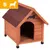 Wooden pet house with pitched roof, open entrance and bone-shaped detail above door. Yellow label in corner shows letter S and animal silhouette, indicating small size.