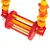 Wooden toy in red and yellow with geometric shapes and beads, suitable for hanging.