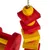 Hanging wooden toy in red and yellow, with square and round elements on a metal chain.