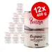 Purizon Organic Duck & Chicken with Zucchini macskaeledel, 12×400 g konzerv, felirat: 13% hús, látható Purizon márkanév és macska sziluett a dobozon.