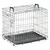 Metal wire pet crate with two black handles on top and a removable plastic tray at the base, shown open and empty.