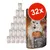 Cat food pouches, brand with white cat image, labelled 'Ente & Käse', 85g, visible text in German. Large red circle shows '32x' indicating pack of 32.
