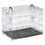 Metal wire pet crate with two doors, secure latches and a removable black tray at the base for easy cleaning. Handles on top for carrying.