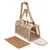 Sac de transport beige en tissu avec panneaux en maille, ouverture zippée à l’avant, deux anses et bandoulière réglable, coussin amovible posé à côté.