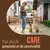 Pour plus de CARE, proximité et convivialité. Texte en français et anglais sur l’image. Femme tenant deux gamelles devant deux chiens assis dans une cour.