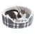 Round cat bed with grey and white check pattern and soft inner padding. Cat lying in the bed. Visible logo: Taki.