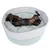 Hund liegt entspannt auf dem Rücken in einem runden, gepolsterten Hundebett mit weiss-grünem Stoffdesign.