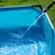 Blå pool med vattenstråle från en slang som fyller poolen. Lämplig för trädgård eller utomhusbruk.