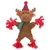 Plush elk toy with green scarf, red hat and red rope tassels on arms and legs.