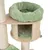 Cat tree made of wood with green plush bed on top and padded cave below. Sisal-wrapped posts for claw care visible.