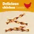 Delicious chicken treats text with three twisted chicken chews and a red chicken silhouette visible. Text is in English.