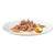 Shredded meat in gravy with visible carrot and cucumber pieces on a white plate
