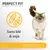 Perfect Fit, Supports Whole Body Health, Sans blé & soja, SENSITIVE 1+, image d’un chat à poils longs. Texte en partie en anglais.