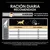 Tabla de ración diaria recomendada para perros según peso y nivel de actividad: 25–90 kg, menos de 1 h o 1–3 h de actividad. Incluye calculadora de ración diaria y texto explicativo.