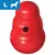 Large red treat-dispensing toy with a hole and the word 'KONG' embossed on it, blue icon in corner shows letter L and animal silhouette.