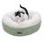 Rundes, gepolstertes Haustierbett in Grün und Weiss mit Modern Living Logo. Katze sitzt im Bett.