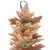 Jouet suspendu en bois naturel avec feuilles empilées et boules colorées vertes, marron et beige, crochet métallique visible en haut.