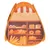 Spielzelt in Form eines Bäckereistandes mit illustrierten Broten, Brötchen, Brezeln und Gebäck auf Regalen. Orangefarbenes Design mit rot-weissem Dach.