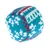 Pelota de juego de material tejido en azul, blanco, rojo y verde con diseño de zigzag.