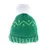 Grüne Filzmütze mit gestricktem Rand, Zickzack-Muster und Punkten, weisse Bommel oben.