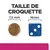 Taille de croquette : comparaison visuelle entre une croquette ronde de 7,5 mm et un dé bleu de 16 mm. Texte visible : 'TAILLE DE CROQUETTE', '7,5 mm', '16 mm'.