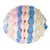 Pelota de tela suave con rayas en tonos pastel azul, rosa, amarillo y blanco.