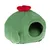 Cuccia per animali verde a forma di grotta con design floreale rosso sulla parte superiore e ingresso laterale.