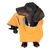 Chien à poil court portant un manteau imperméable orange avec doublure grise, capuche et fermeture latérale visible. Le matériau semble être du tissu synthétique.