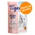Tiger Silicate Litter, arena de silicato para gatos, con texto 'Oferta de prueba', imagen de un gato blanco y flores, 5L, con aroma floral. Texto en inglés visible en el envase.