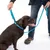 Brauner Hund mit blauem Halsband und Leine, gehalten von einer Person. Demonstration der Nutzung des Produkts.