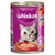Whiskas v terini z govedino, 100% okus, visokokakovostne beljakovine, 100% reciklirana embalaža. Prikaz mačke in rdeče posode s hrano.