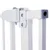Barrière de sécurité blanche en métal avec fixation et embout gris, vue rapprochée sur le système de verrouillage et les montants verticaux.