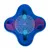 Jouet interactif pour animaux en plastique bleu et violet, avec couvercle transparent central, deux boutons bleus à motif patte et compartiments rotatifs visibles.