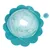 Toy in flower shape made of blue fabric with transparent polka dot pattern and pompom pendant.