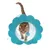 Cat tunnel in blue with flower shape and hanging play ball, cat playing inside.