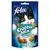 Purina felix Knabber Mix cat treats pouch, visible text in German: Strandspaß mit Lachs-, Seelachs- und Forellengeschmack. Protein, Vitamine, Omega 6 icons shown.