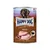 Happy Dog Sensible Pure Texas, pure turkey. Made in Germany. Image of turkey meat and dog in front of landscape background.