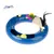 Blue play ring with yellow balls, sisal rope, colourful feathers and butterfly toy on wire. Includes scratching surface and interactive elements.