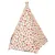 Tente tipi pour animaux avec armature en bois et toile imprimée de motifs pastèque, ananas et glaces. Ouverture visible sur le côté.