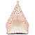 Tente tipi pour animal, tissu imprimé pastèques, ananas et glaces, structure en bois clair, coussin intérieur beige visible.