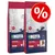 Pachet promoțional cu 2 saci Bozita Original Adult Dog, 12 kg fiecare. Text vizibil: 63 %, 22 % proteină, 11 % grăsime, fără grâu. Simbol procent de reducere pe fundal roșu.