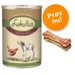 Lukullus Naturkost für Hunde, Geflügel & Lamm, 400 g dåse med billede af kylling og lam. Prøv nu! Tekst i orange cirkel. To tyggeben ved siden af dåsen.